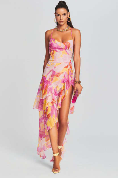 Vacation Cami Boat Neck Floral Print Irregular Ruffle Hem High Slit Tulle Maxi Dresses