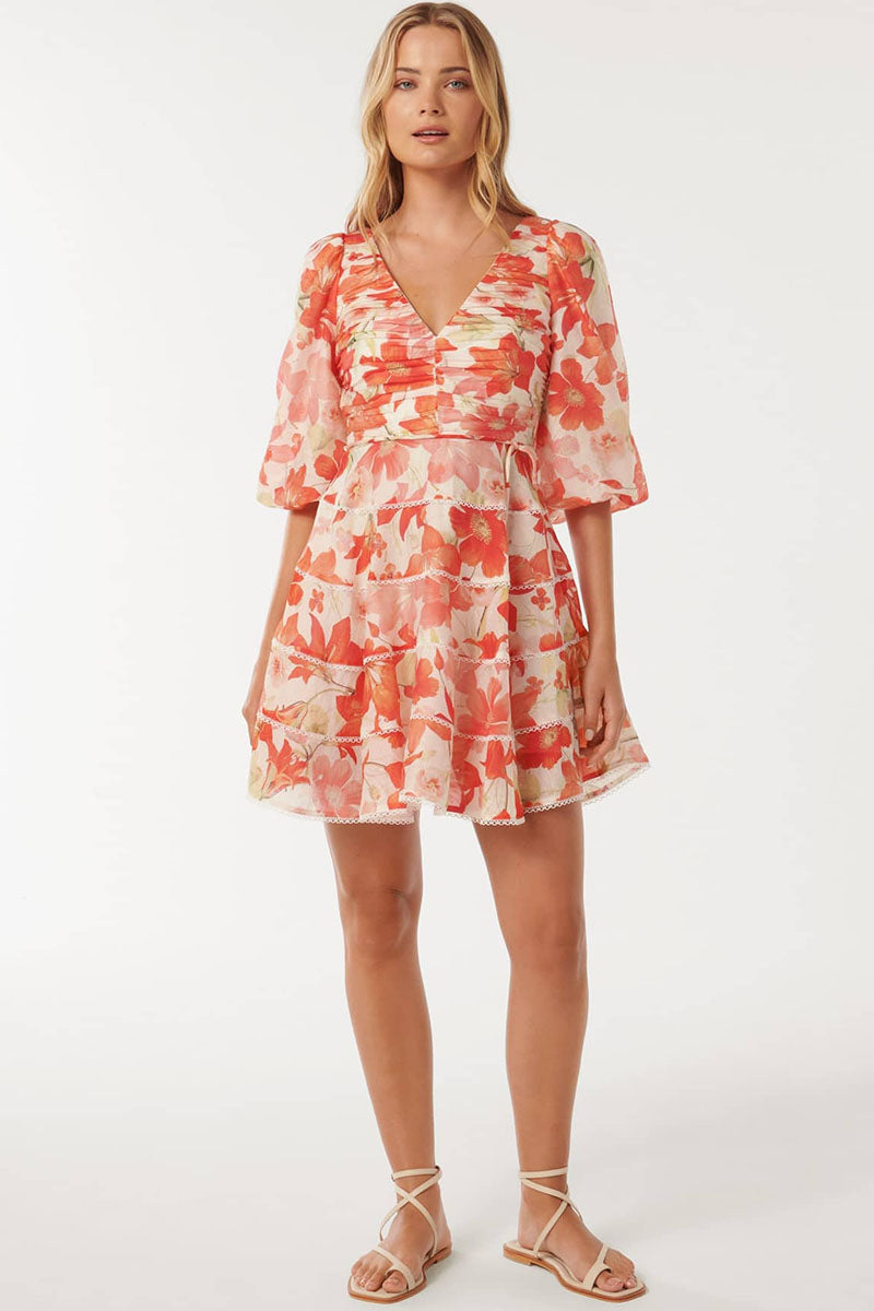 V Neck Ruched Puff Sleeve Floral Print Ribbon Mini Dresses-Red