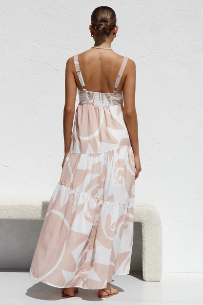 Graphic Print Thick Straps Boat Neck A-Line Vacation Maxi Dresses-Blue