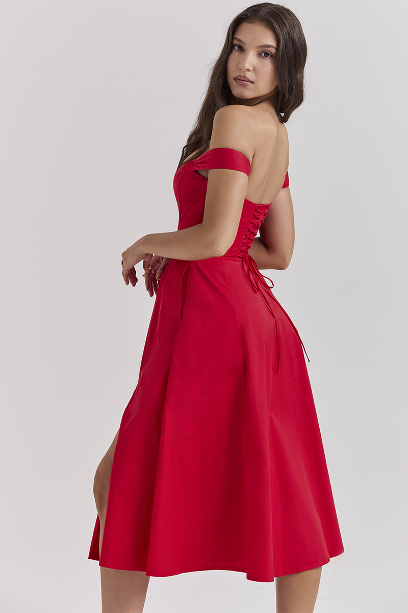 Dropped Shoulder Corset A-Line Slit Solid Color Midi Dresses-Red