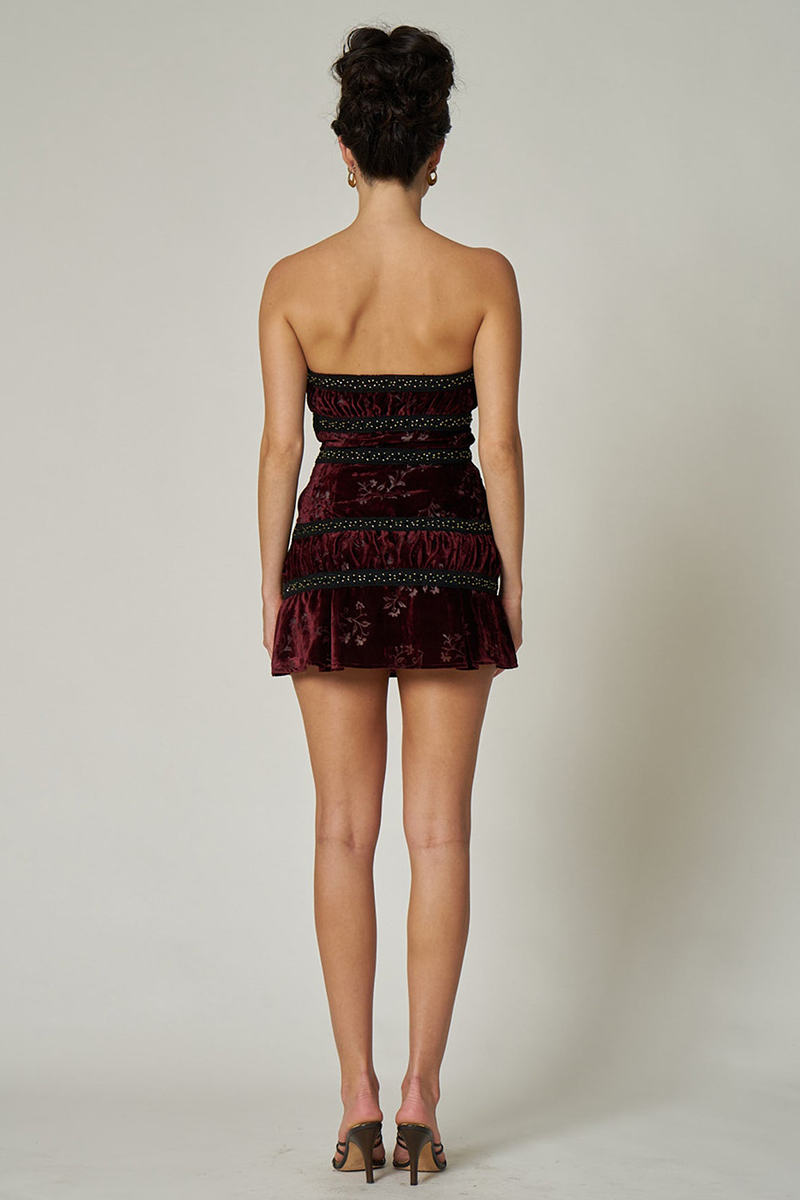 Floral Pattern Boat Neck Slim Fit Velvet Mini Tube Dresses-Burgundy