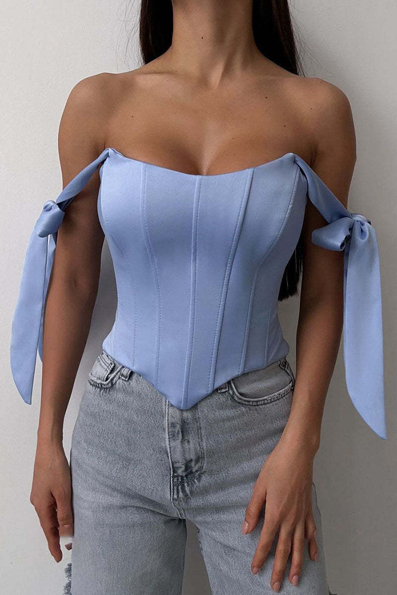 Off Shoulder Ribbon Decor Asymmetric Hem Party Plain Corset Top-Blue