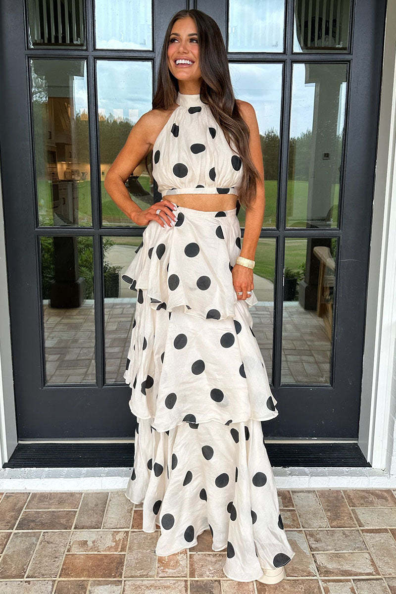 High Neck Crop Top Layered Maxi Skirt Polka Dot 2pcs Set-White