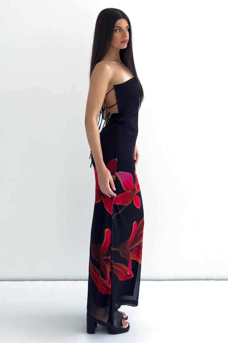 Floral Print Slim-Fit Formal Party Maxi Tube Dresses-Black