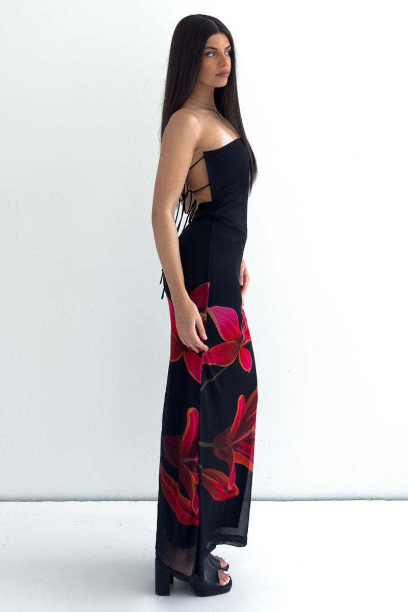 Floral Print Slim-Fit Formal Party Maxi Tube Dresses-Black