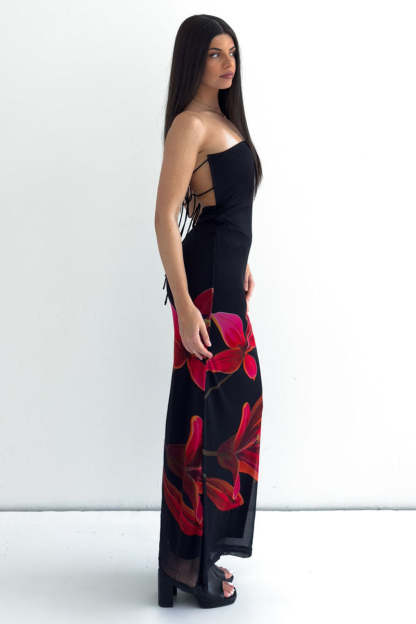 Floral Print Slim-Fit Formal Party Maxi Tube Dresses-Black