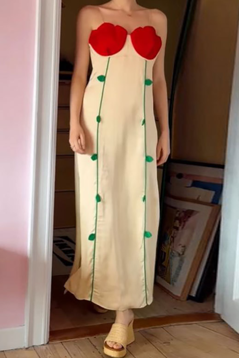 Colorblock Slim Fit Spaghetti Strap Maxi Dresses-Beige