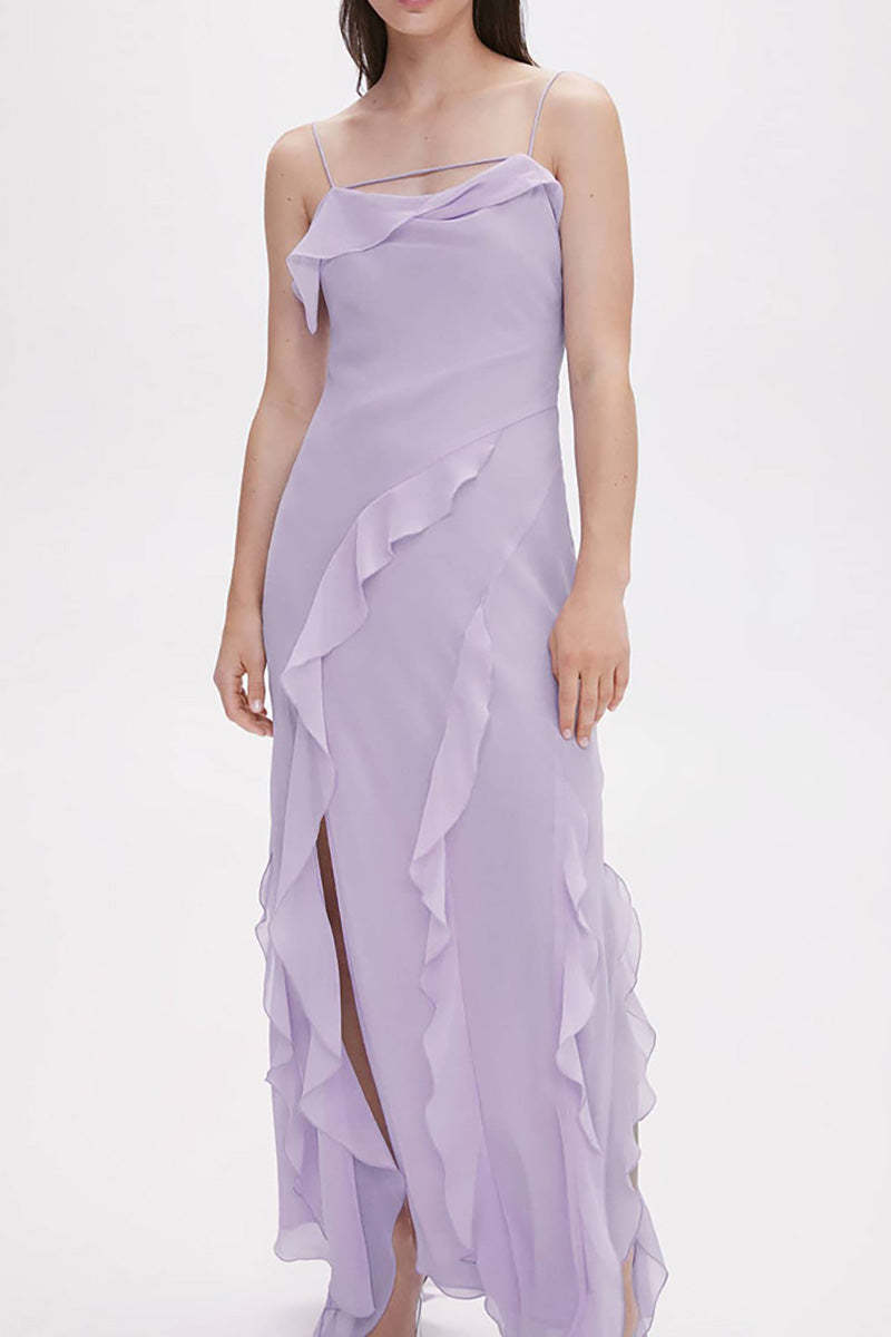 Cami Irregular Neck Ruffle Backless Tied Up Slit Tulle Formal Party Maxi Dress