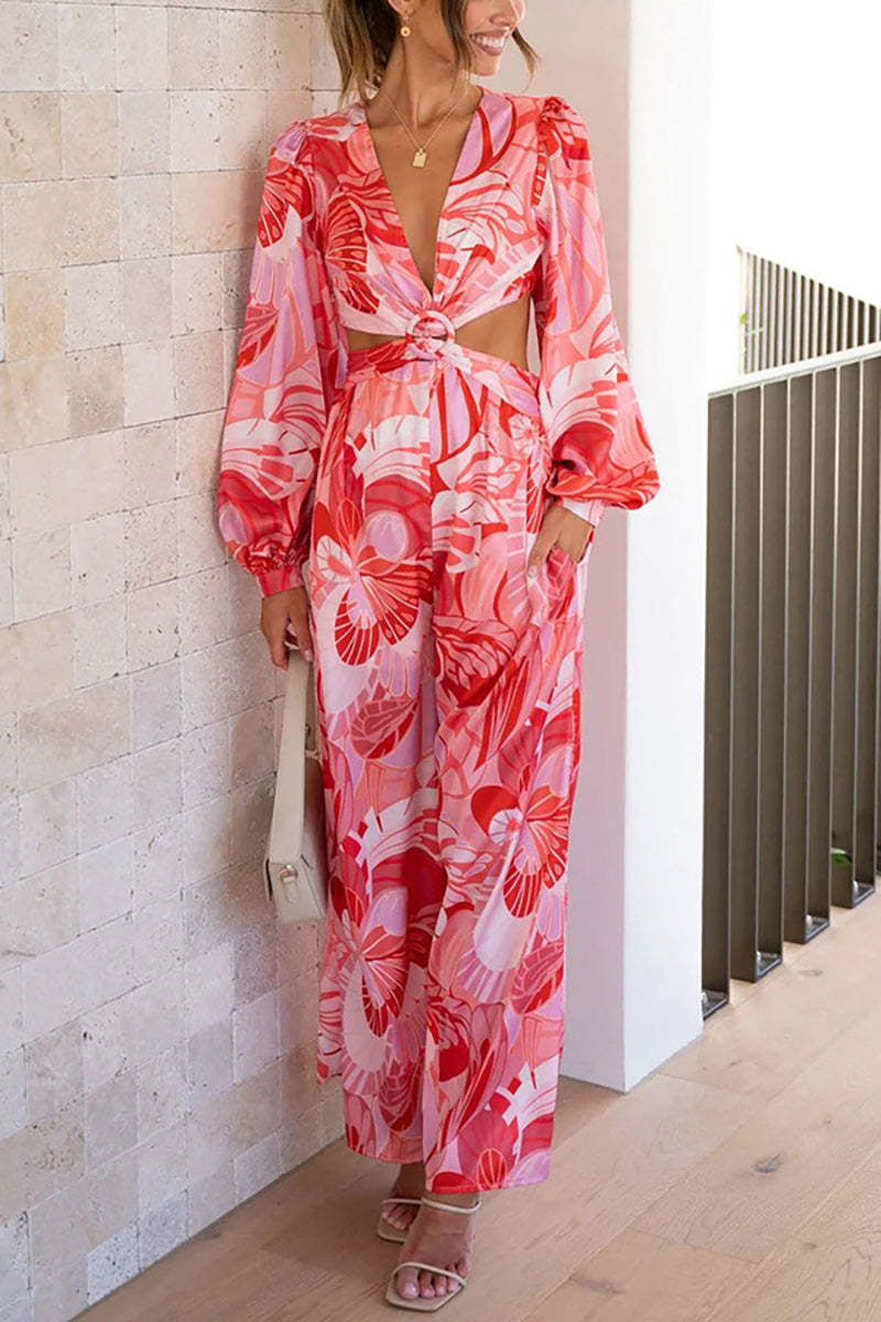 Floral Print Deep V Neck Cutout Flare Long Sleeve Ring Decor Wide Leg Vacation Jumpsuit