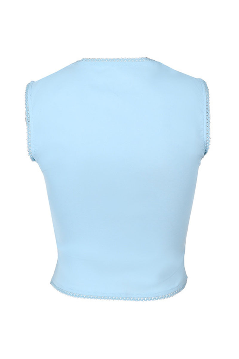 Square Neck Ribbon Quilted Curved Hem Casual Plain Sleeveless Top-Blue