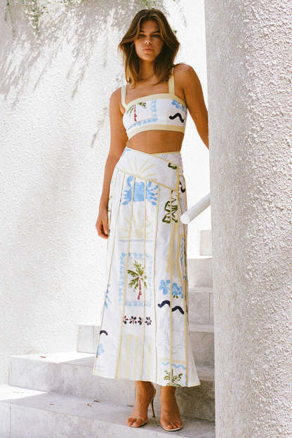 Square Neck Sleeveless Crop Top Wrapped Pleated Print Midi Skirt Matching Set-White
