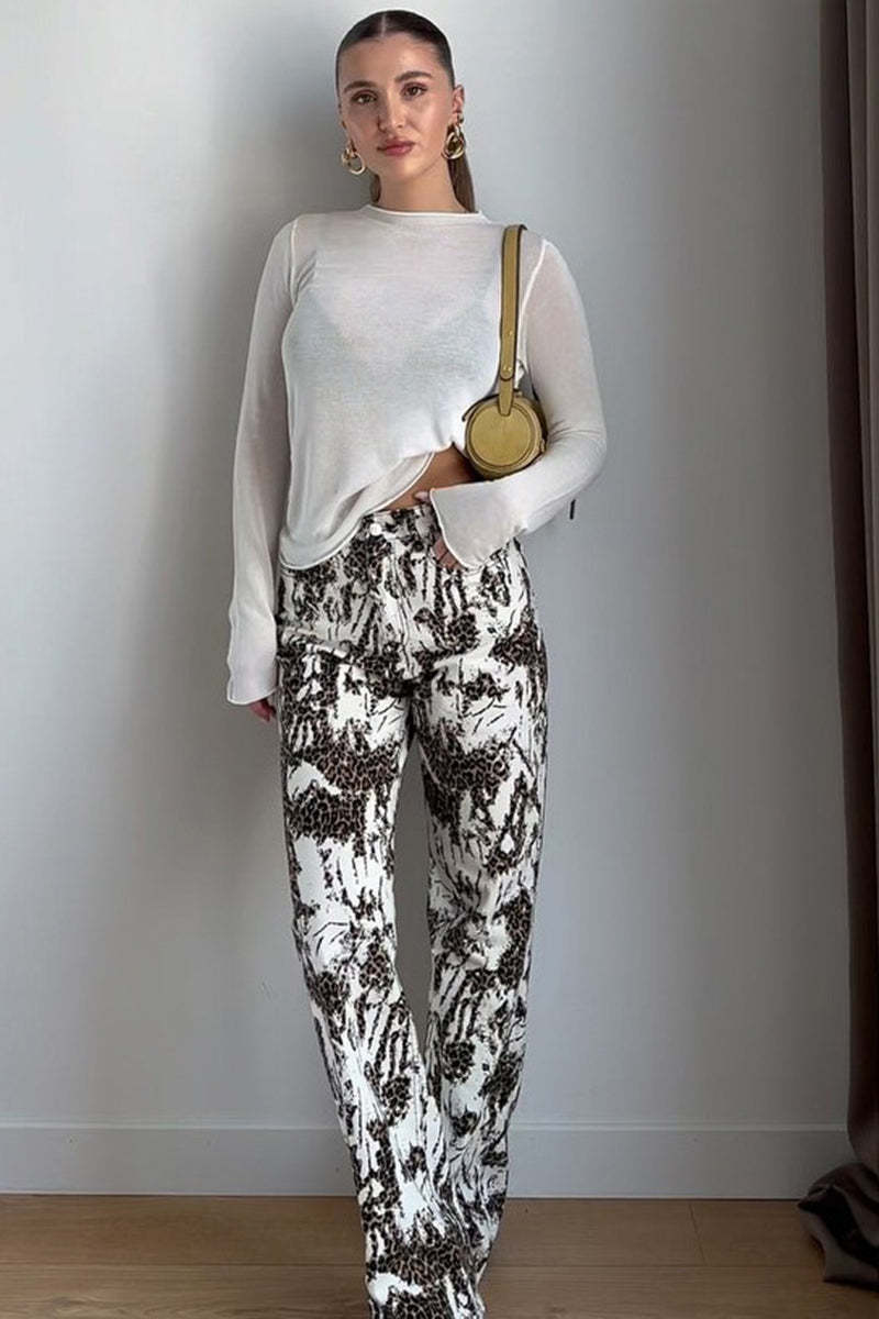 Leopard Print Pocket High Waist Straight-Leg Pants-White