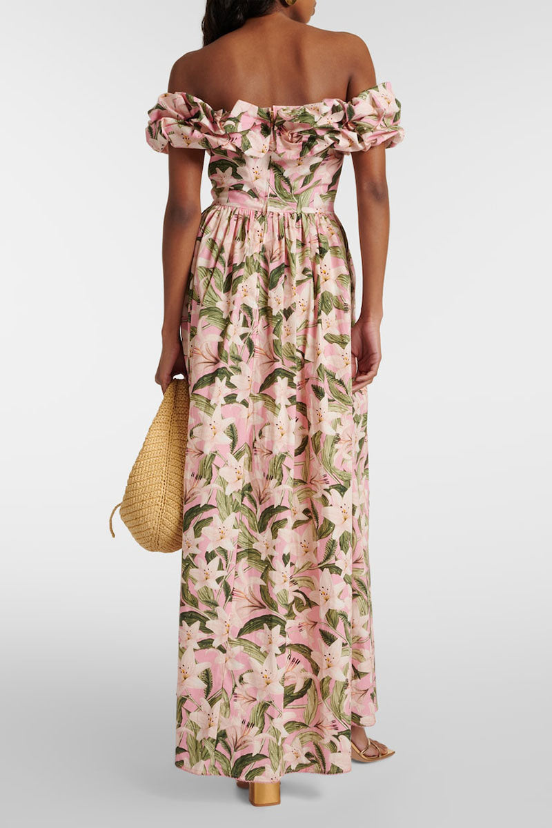 Off Shoulder Ruffle Floral Print Vacation Maxi Dresses-Pink Pre Order