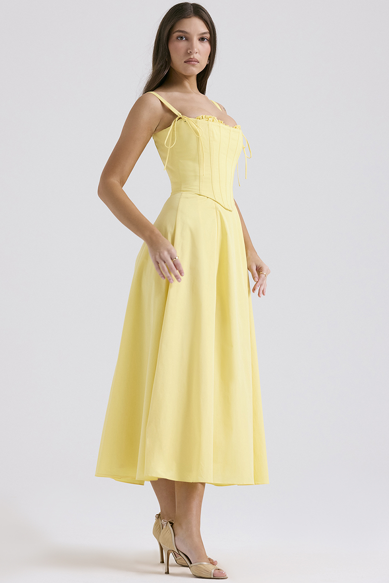 Spaghetti Strap Corset A-Line Slit Hem Midi Dresses-Yellow