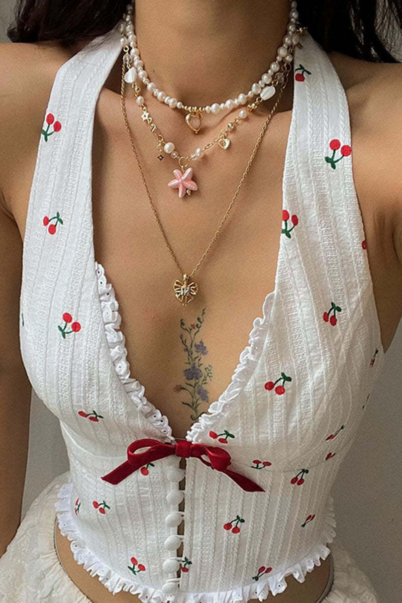 Deep V Neck Button Up Ribbon Cherry Print Vacation Halter Top-White