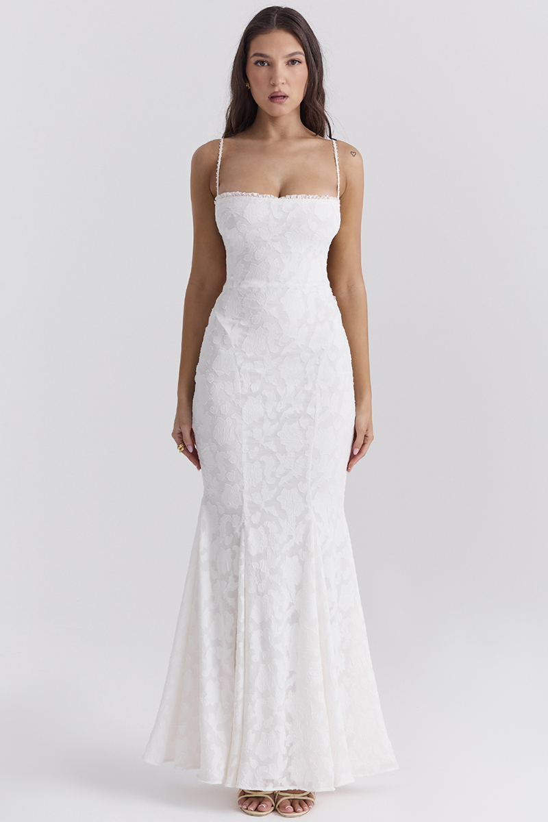 Jacquard Lace Back Lace Up Fishtail Hem Slip Maxi Dresses-White