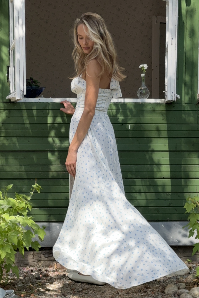 Ditsy Floral Print Halter High Slit Flowy Maxi Dresses-White