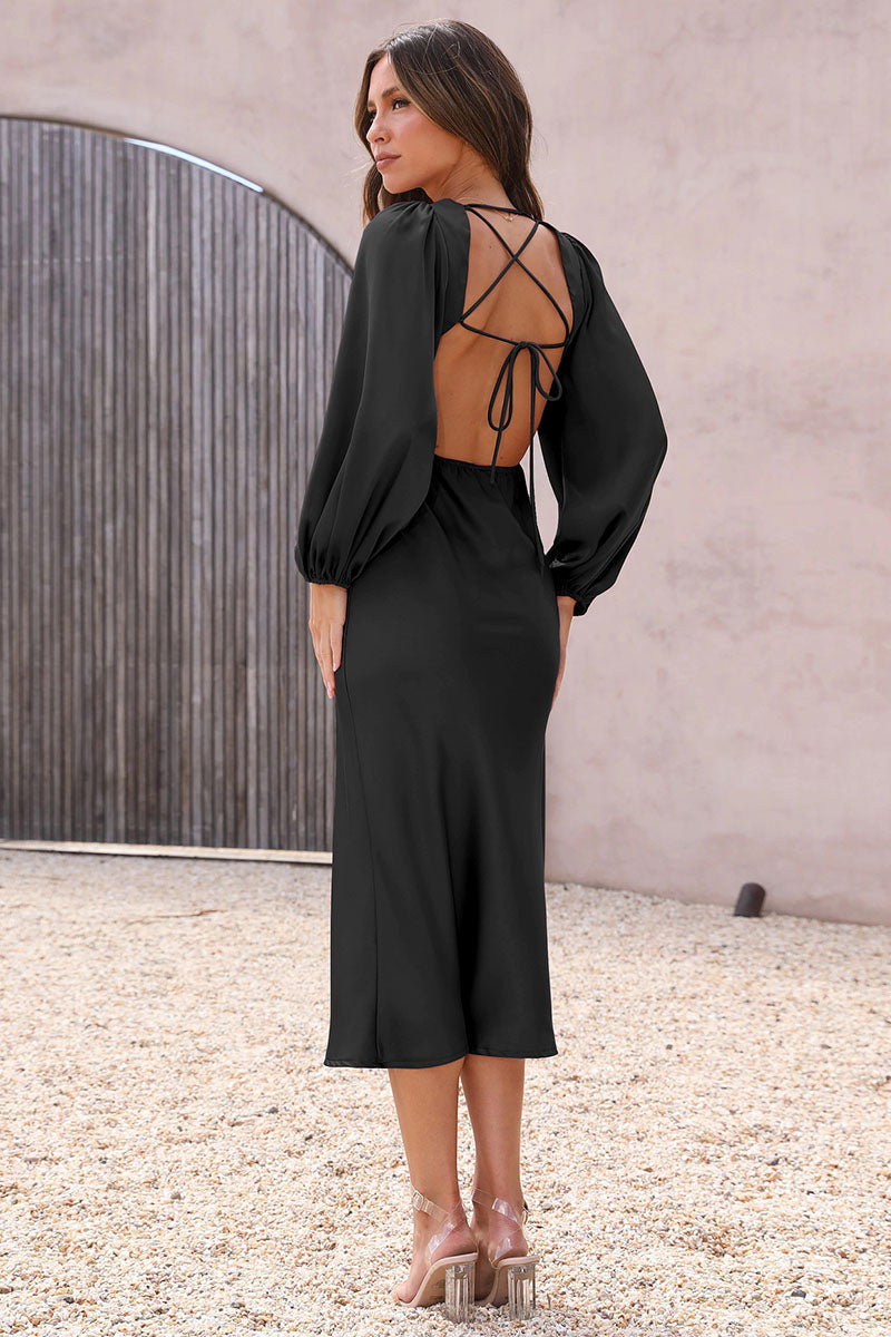 Satin Deep V Neck Lantern Sleeve Tie Up Backless Slim Fit Bridesmaid Gowns Midi Dresses