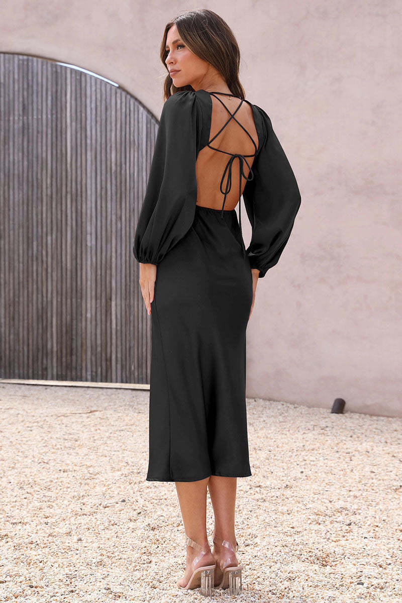 Satin Deep V Neck Lantern Sleeve Tie Up Backless Slim Fit Bridesmaid Gowns Midi Dresses