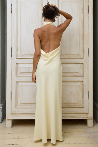 Floral Print Cowl Neck Backless Slim Fit Maxi Dresses-Yellow