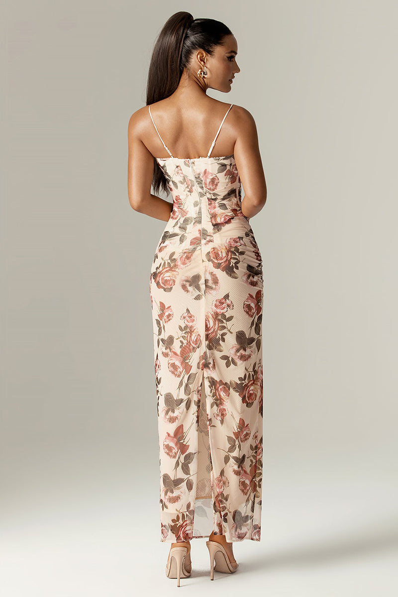 Floral Print Corset Wedding Guest Party Maxi Slip Dresses-Beige Pre Order