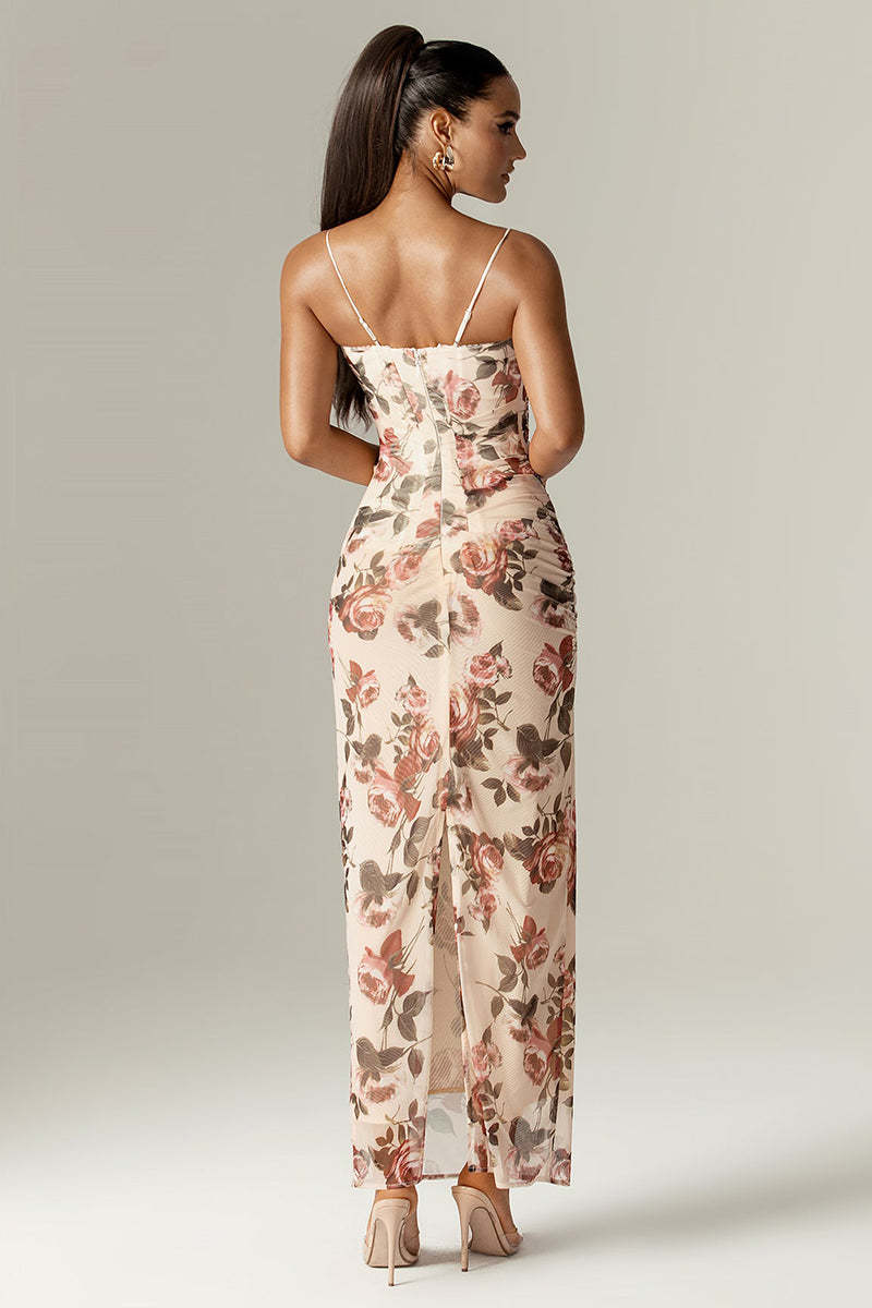 Floral Print Corset Wedding Guest Party Maxi Slip Dresses-Beige Pre Order