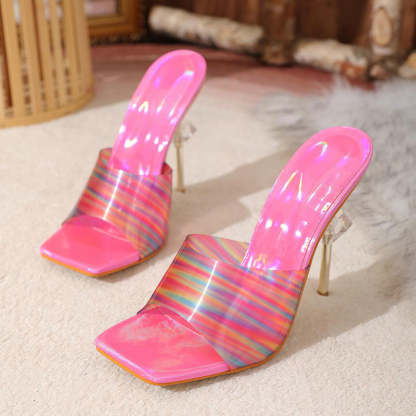 Heart-Shaped Rhinestone Colourful Striped Square Toe Stiletto Heels
