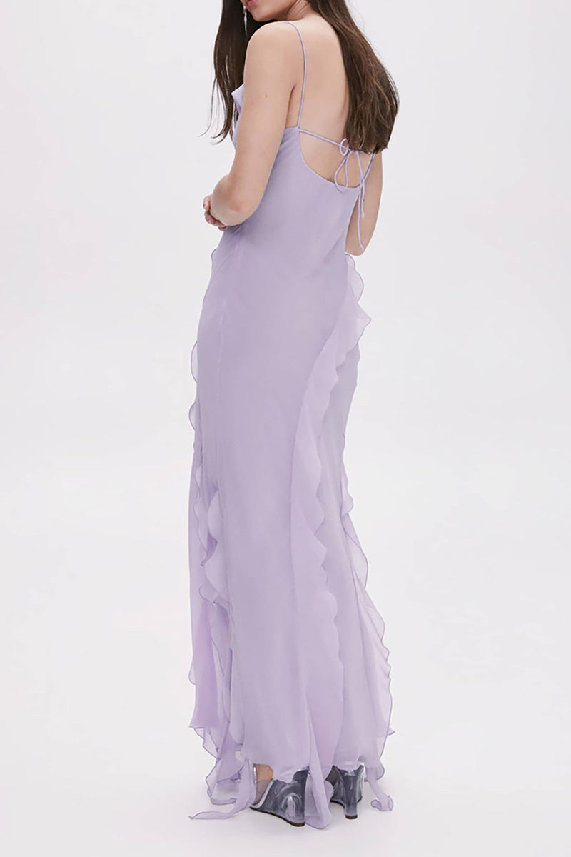 Cami Irregular Neck Ruffle Backless Tied Up Slit Tulle Formal Party Maxi Dress