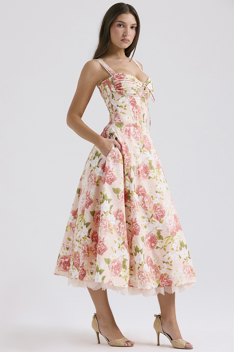 Floral Print Front Tie Up Corset A-Line Garden Party Slip Midi Dresses-Pink