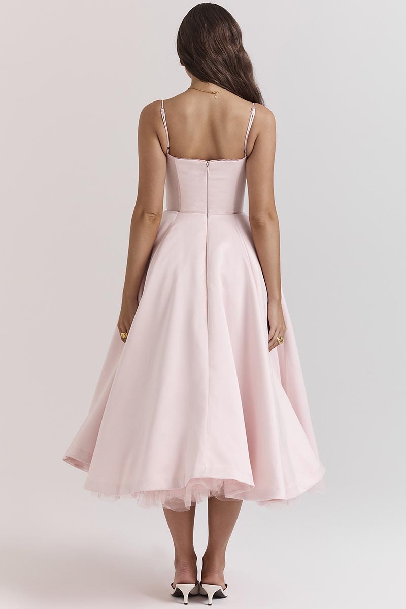 Elegant Cinch Waist Party Bridesmaid Tulle Layered Midi Slip Dresses-Pink
