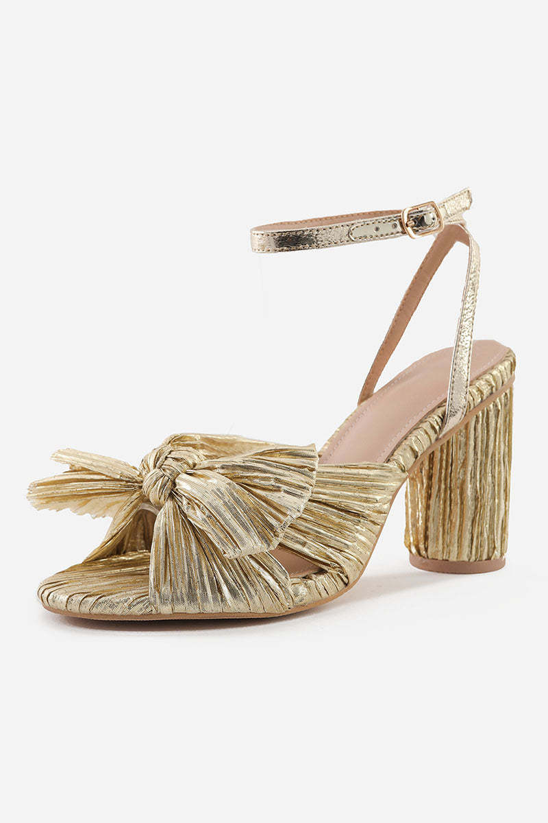 Pleated Bow Ankle Strap Chunky High Heel Sandals
