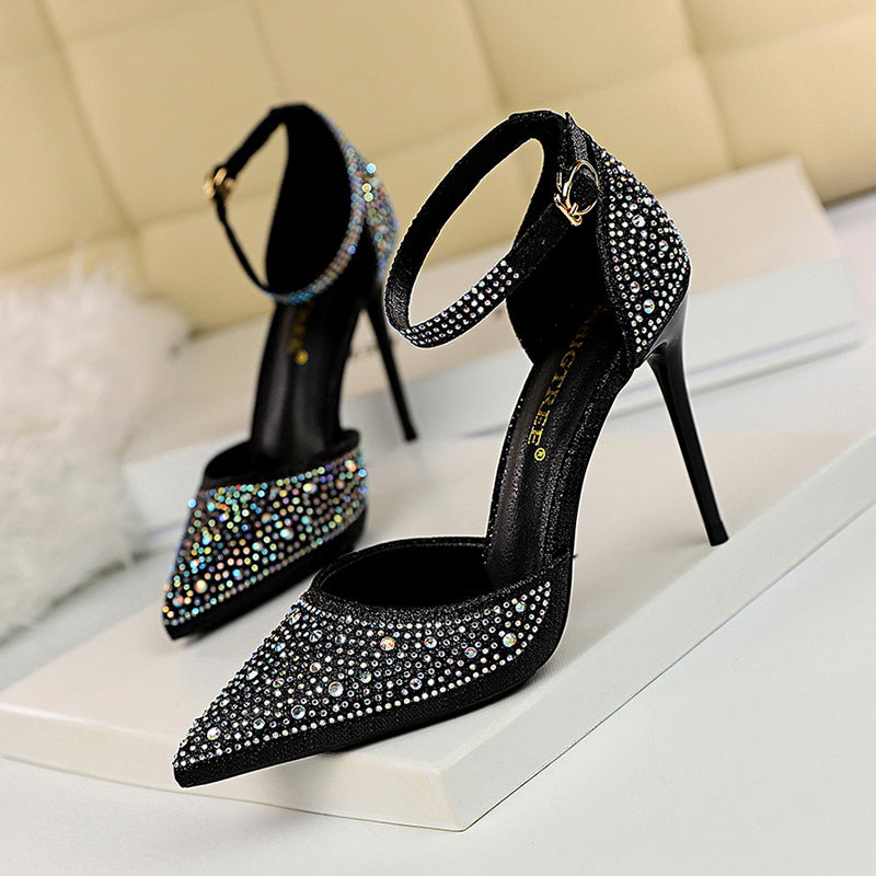 Rhinestone Embellished Pointy Toe Ankle Strap Buckle Stiletto Heels