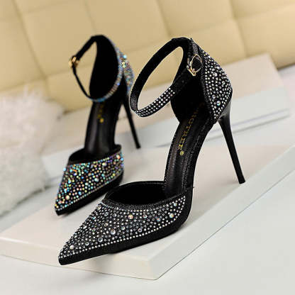 Rhinestone Embellished Pointy Toe Ankle Strap Buckle Stiletto Heels
