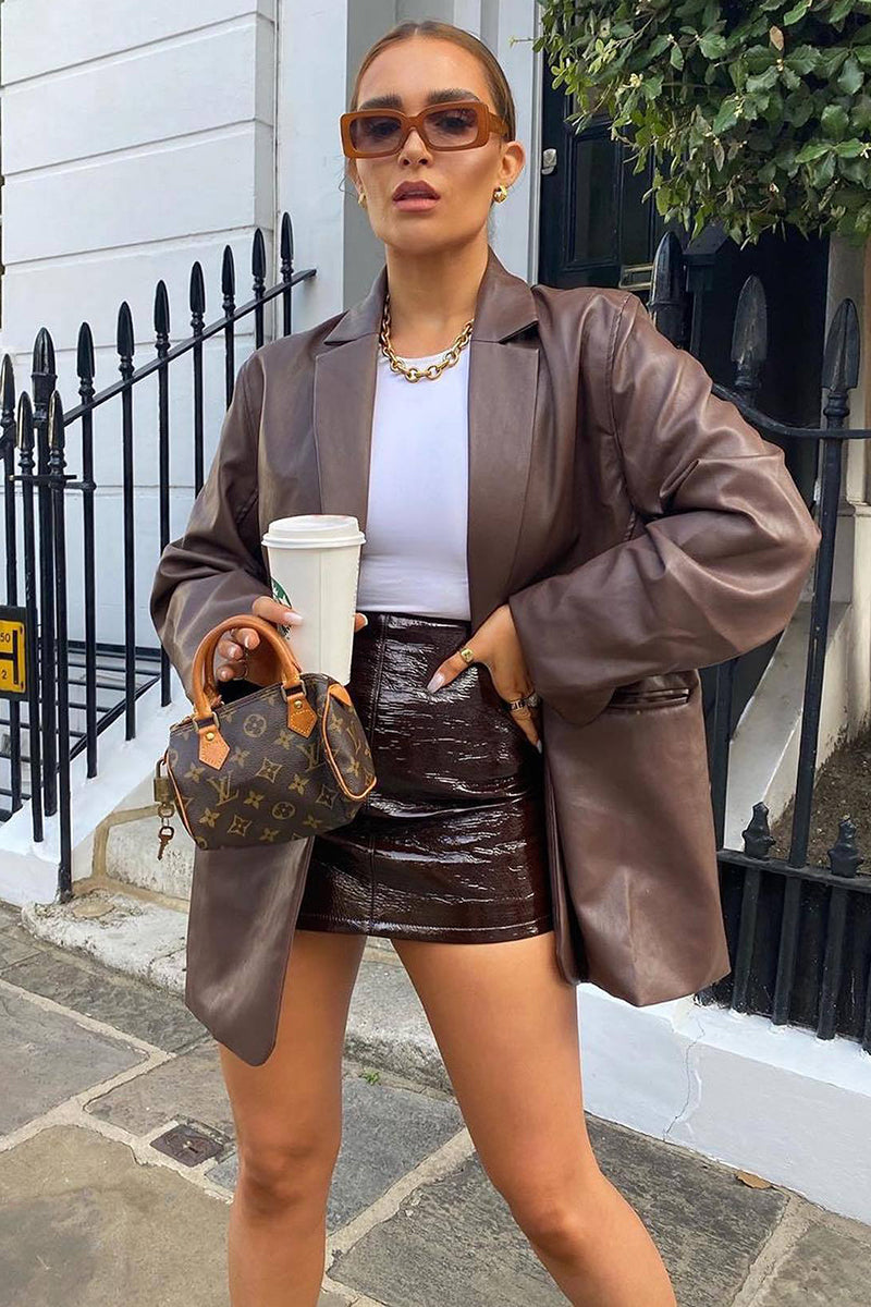 Faux Leather Casual Long Sleeve Blazer Coat