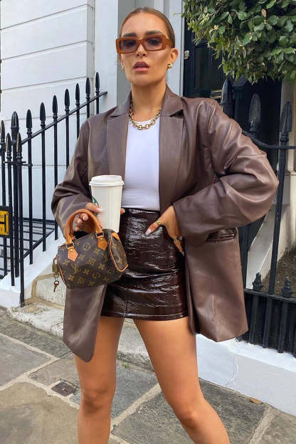 Faux Leather Casual Long Sleeve Blazer Coat