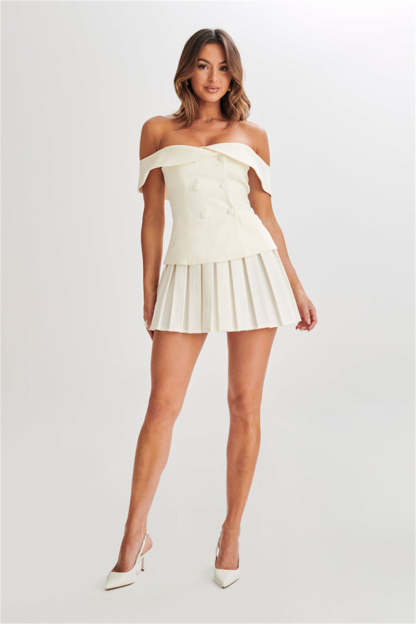 Off Shoulder Double Breasted Top Pleated Mini Skirt Matching Set-Burgundy