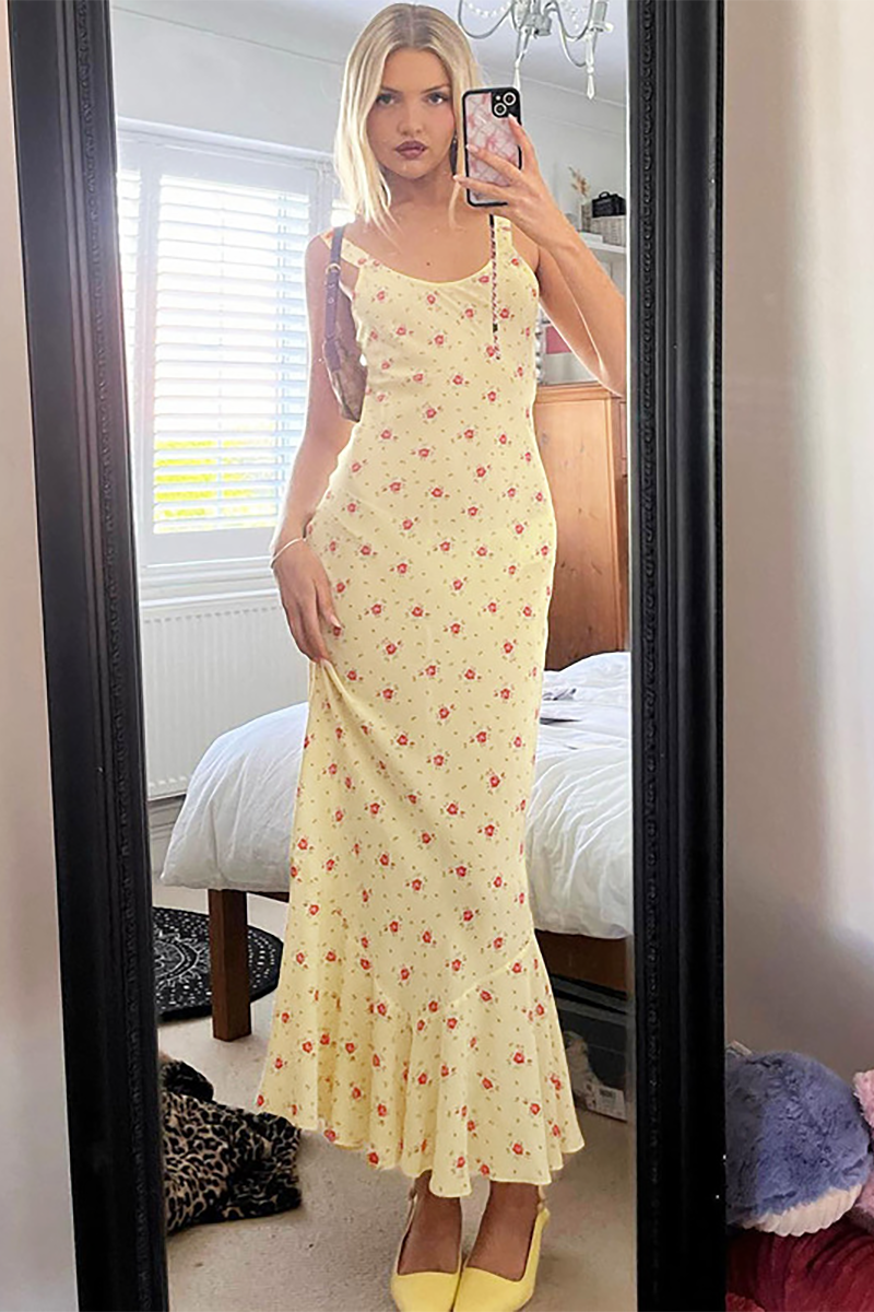 U Neck Ditsy Floral Print Slim Fit Fishtail Maxi Tank Dresses-Yellow