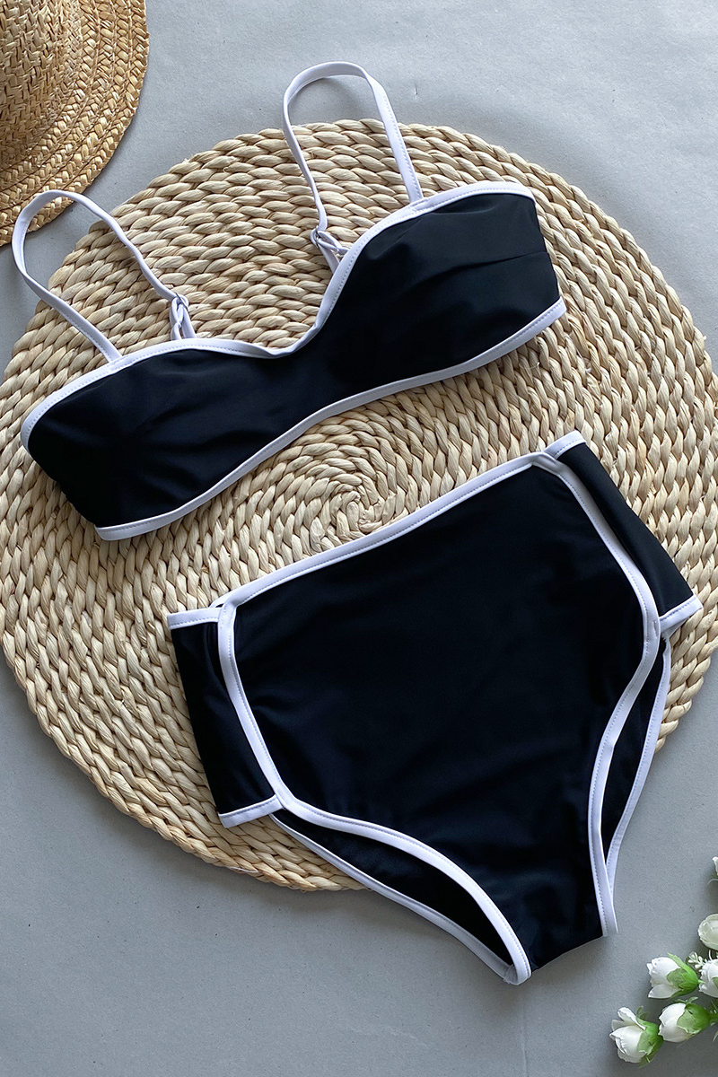 Contrast Binding V Neck Crop Cami High Waist Bikini Two-Piece Set-Black