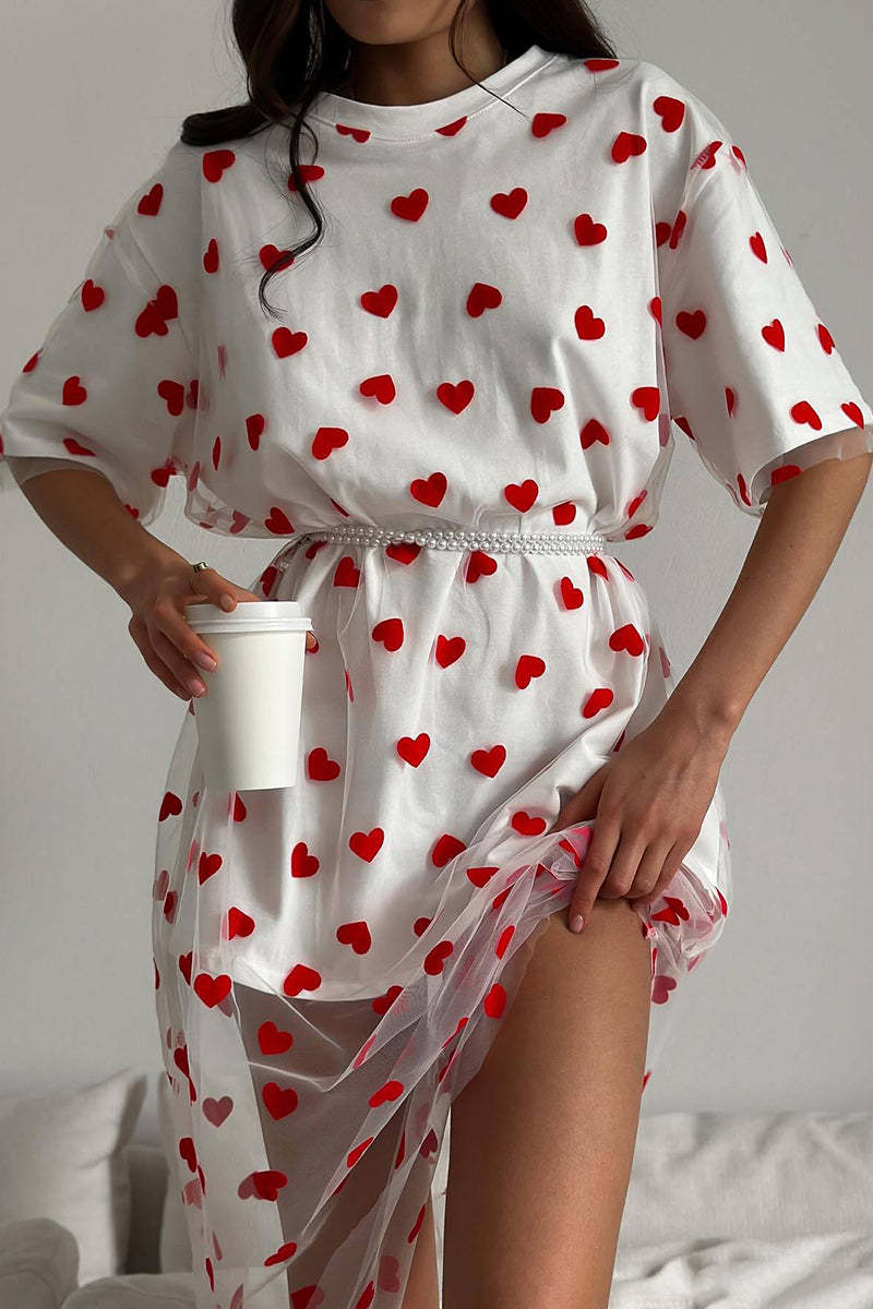 Heart Print Mesh Patchwork Short Sleeve T-shirt Midi Dresses-White