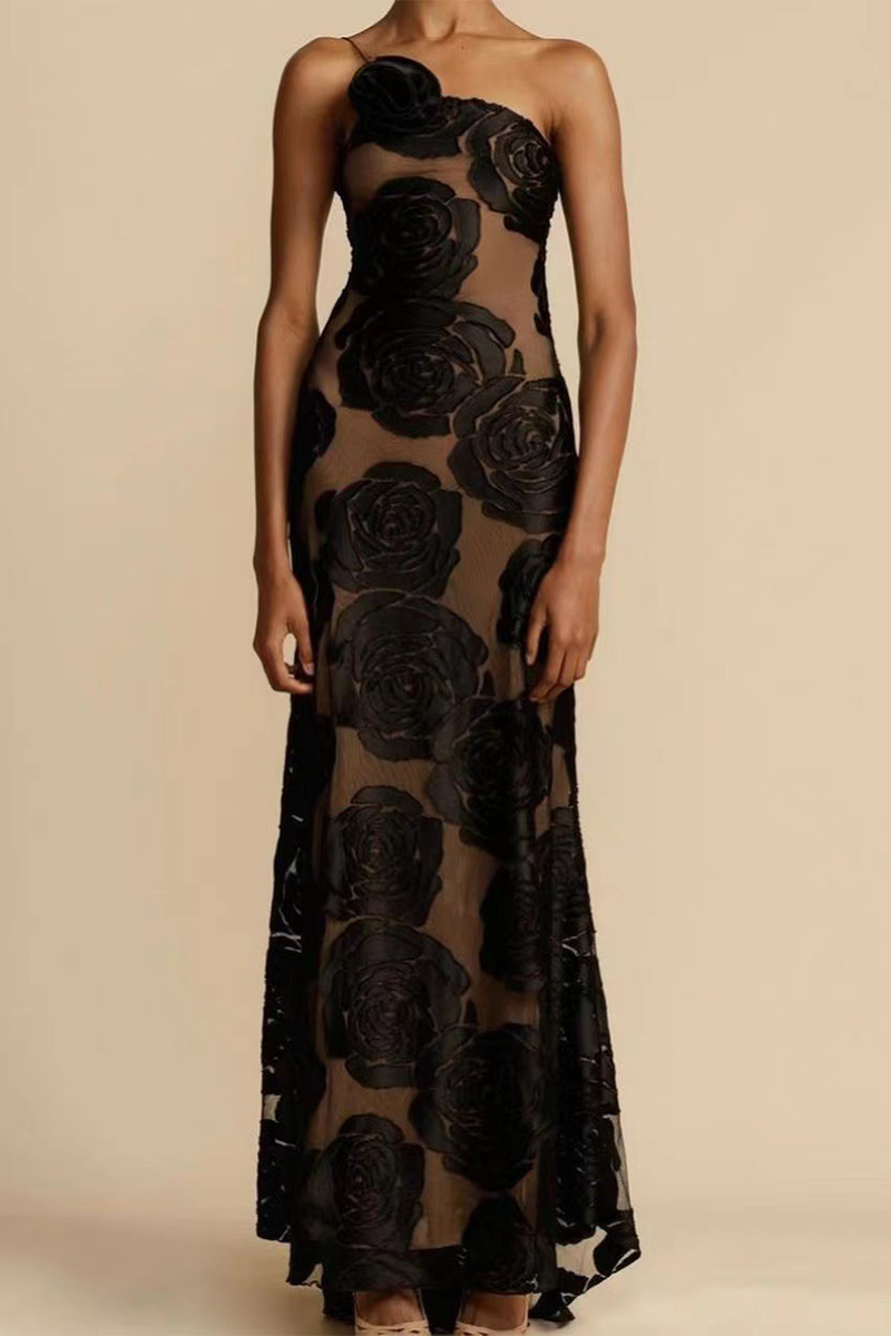 Floral Pattern 3D Flower Decor One Shoulder Sleeveless Maxi Dresses-Black