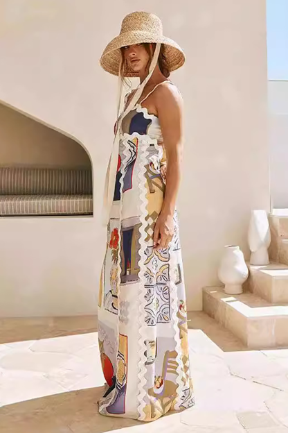 Wavy Trim Drawing Print Tie Up Backless Maxi Strappy Dresses-Beige