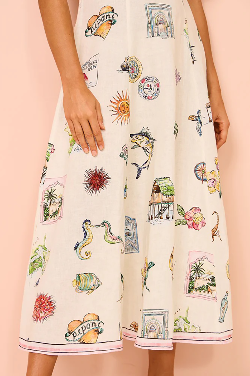 Vacation Mixed Prints Puff Sleeve A-Line Midi Dresses-Beige