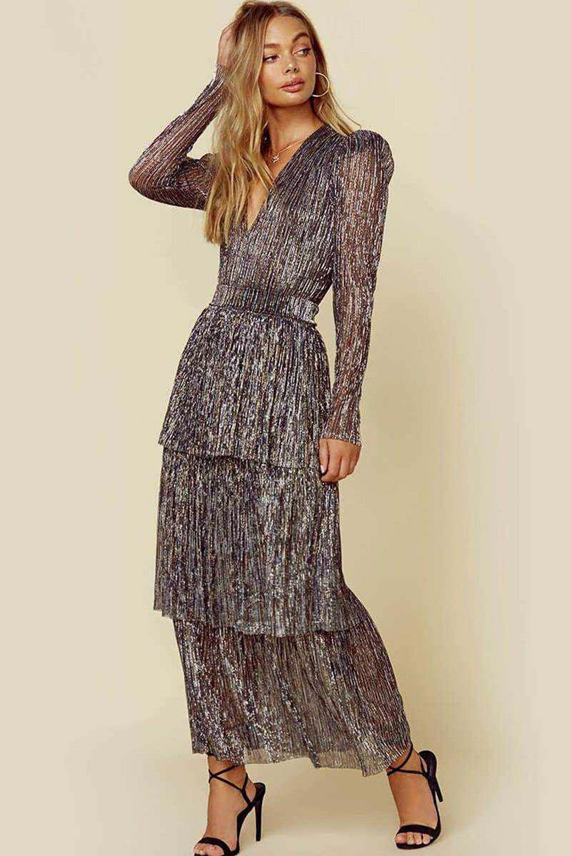 Tiered V Neck Print Long Sleeve Midi Dresses