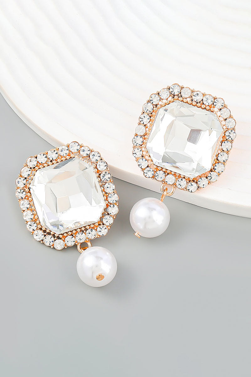Square Glass Drill Rhinestone Pearl Dangle Earrings