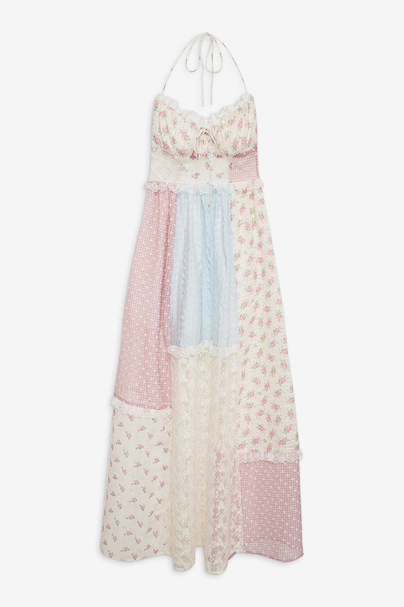 Mixed Prints Patchworks Halter Open Back Maxi Dresses-Pink Pre Order