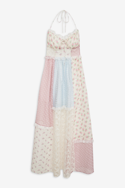 Mixed Prints Patchworks Halter Open Back Maxi Dresses-Pink Pre Order