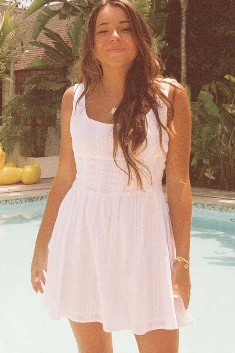 Square Neck Low Back Texture A-Line Sleeveless Mini Dresses-White