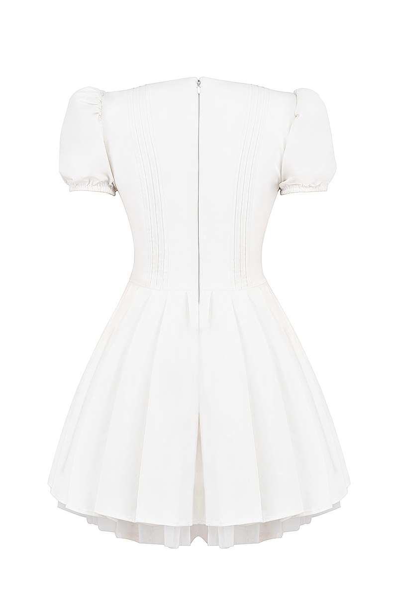 Deep V Neck Juliet Sleeve Corset Pleated Mini Dresses-White Pre Order