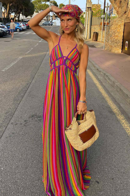 Striped Print Cross Halter Deep V Neck Maxi Dresses-Rainbow