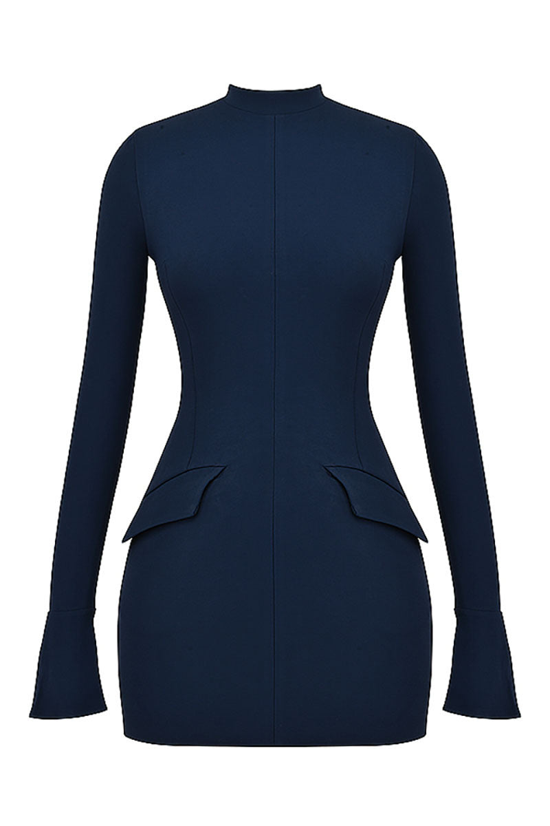 Plain Mock Neck Flared Sleeve Slim Fit Pocket Mini Dresses-Blue